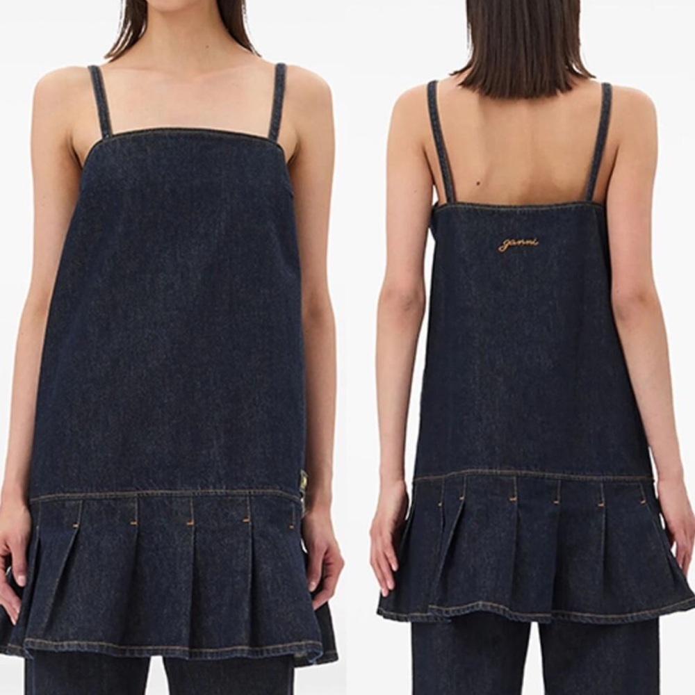NWT Ganni Pleated Hem Denim Sleeveless Mini Dress Indigo Blue Size: Size 34